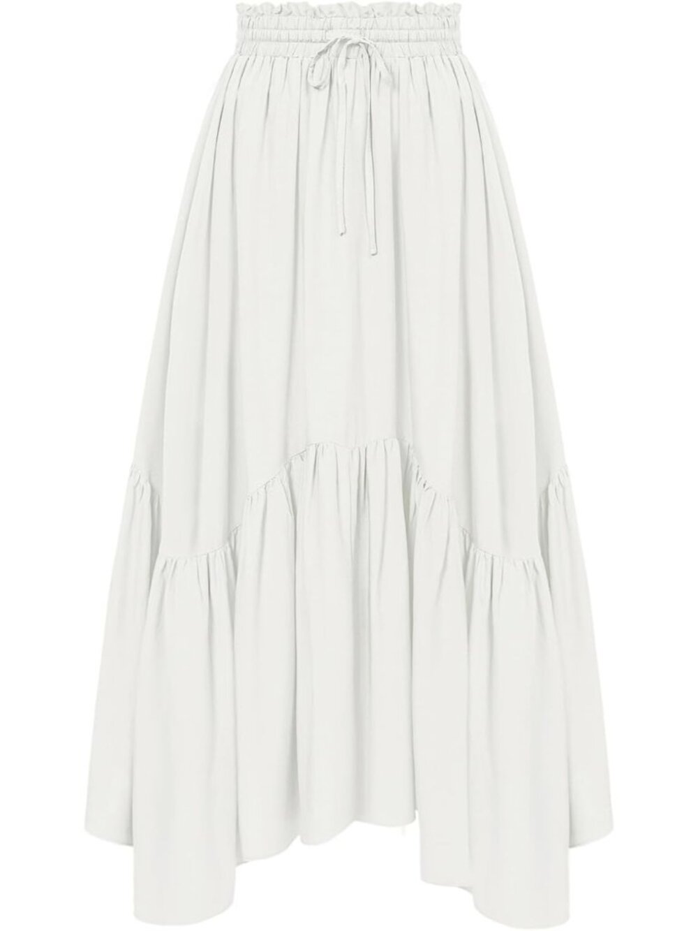Women's White Drawstring Renaissance Boho Flowy Asymmetric Tiered Maxi Skirt